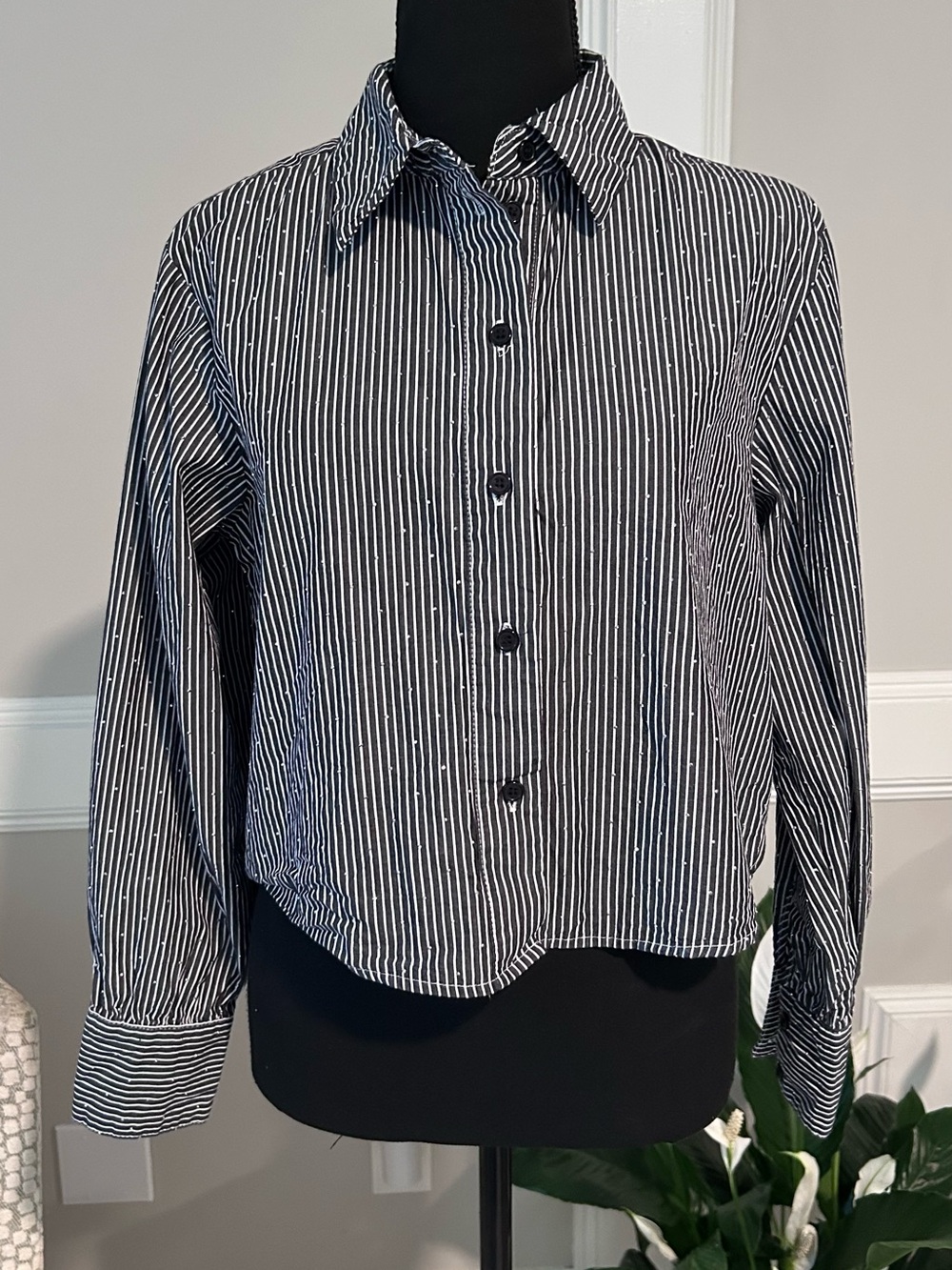 Cropped Embellished Striped Button Down Shirt